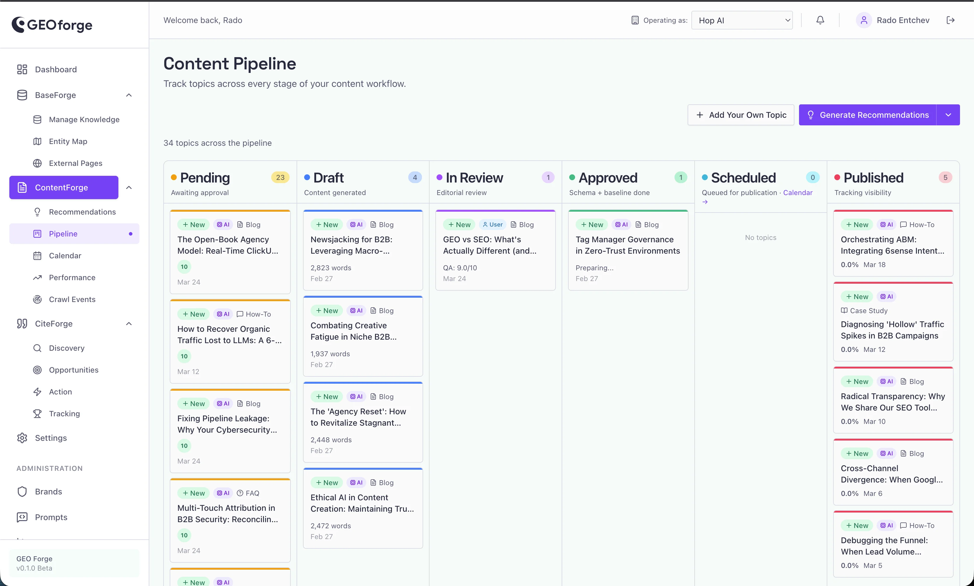 GEO Forge, an AI platform for brand visibility in LLMs. MVP built by RapidMVP.