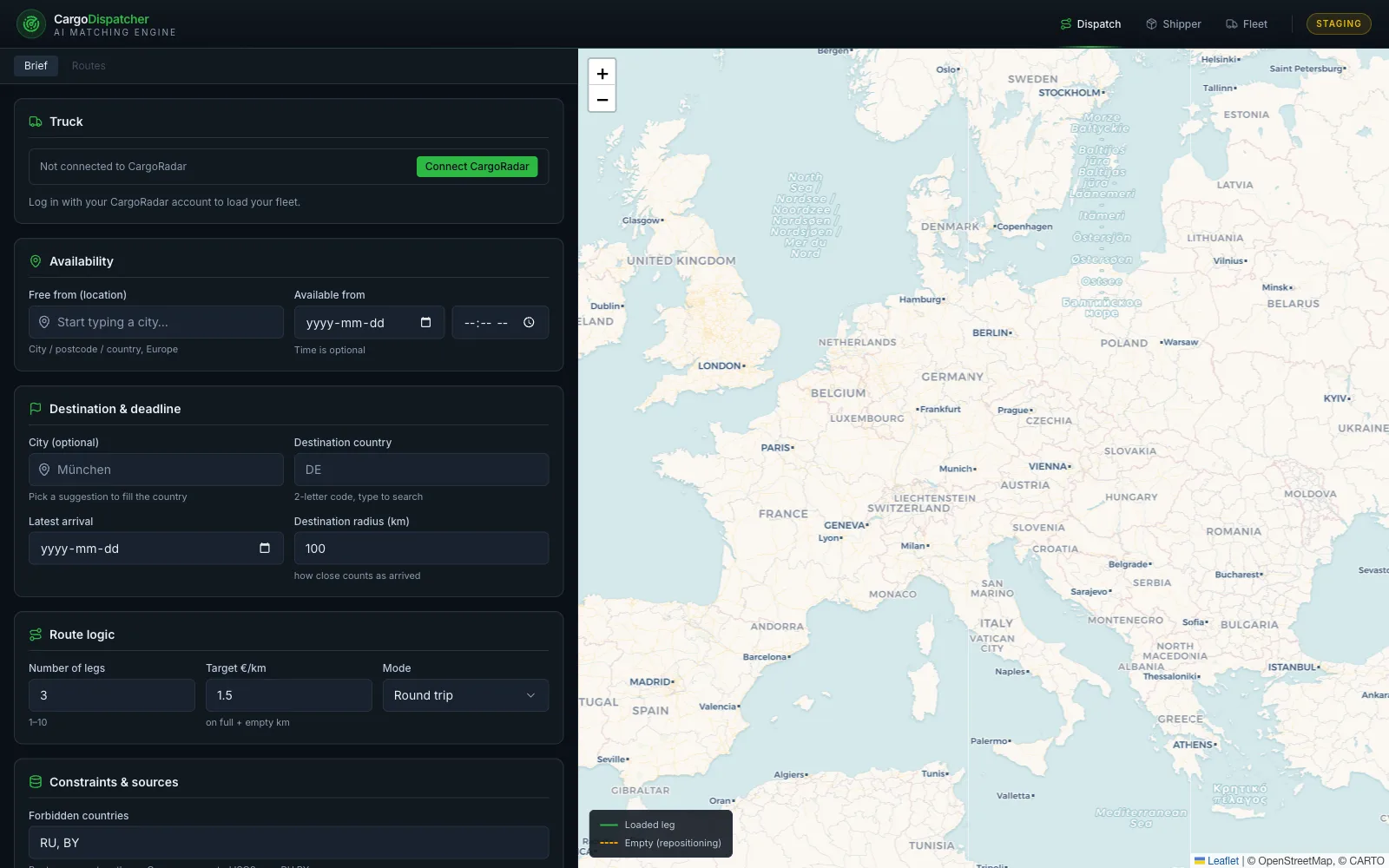 Cargo Dispatcher, an AI matching engine for international FTL trucking. MVP built by RapidMVP.