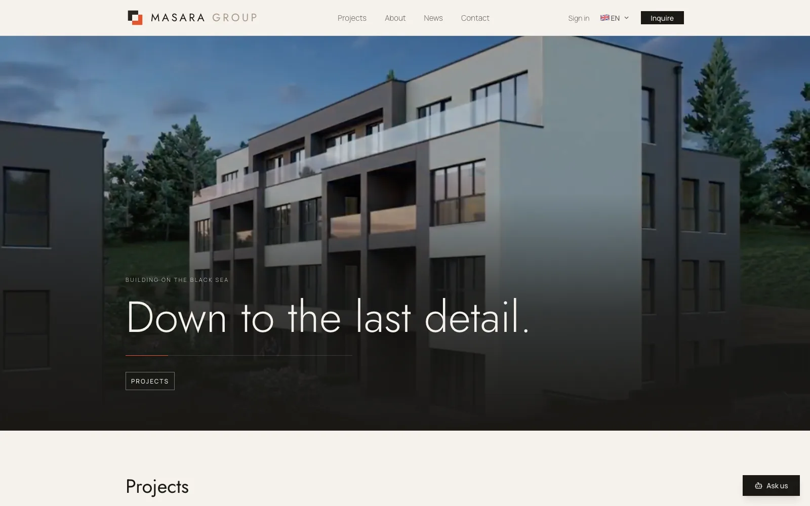 Masara Group, a bilingual real-estate developer platform with an interactive building explorer. Built by RapidMVP.