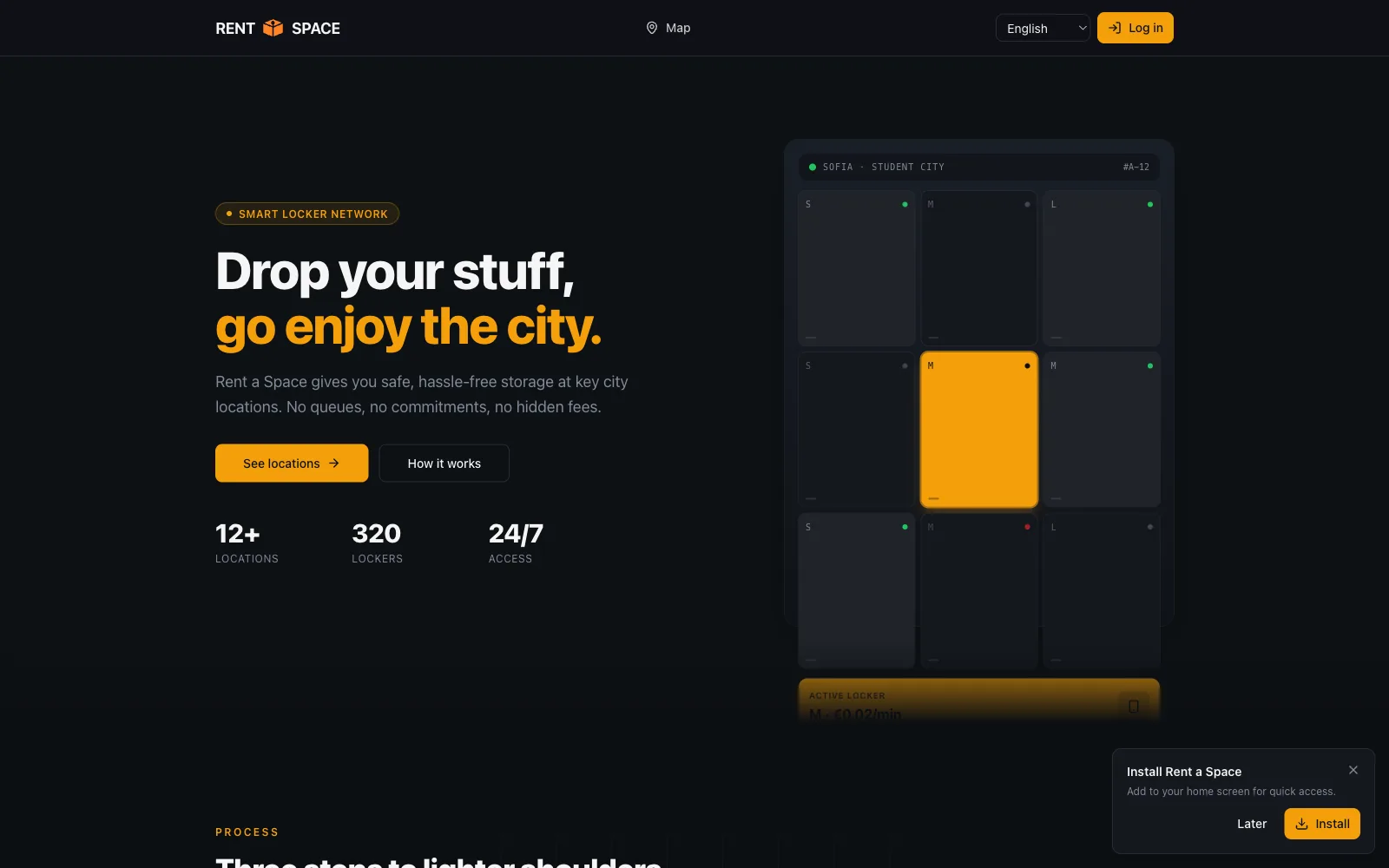 Rent a Space, a smart-locker rental platform with map discovery and Stripe billing. MVP built by RapidMVP.